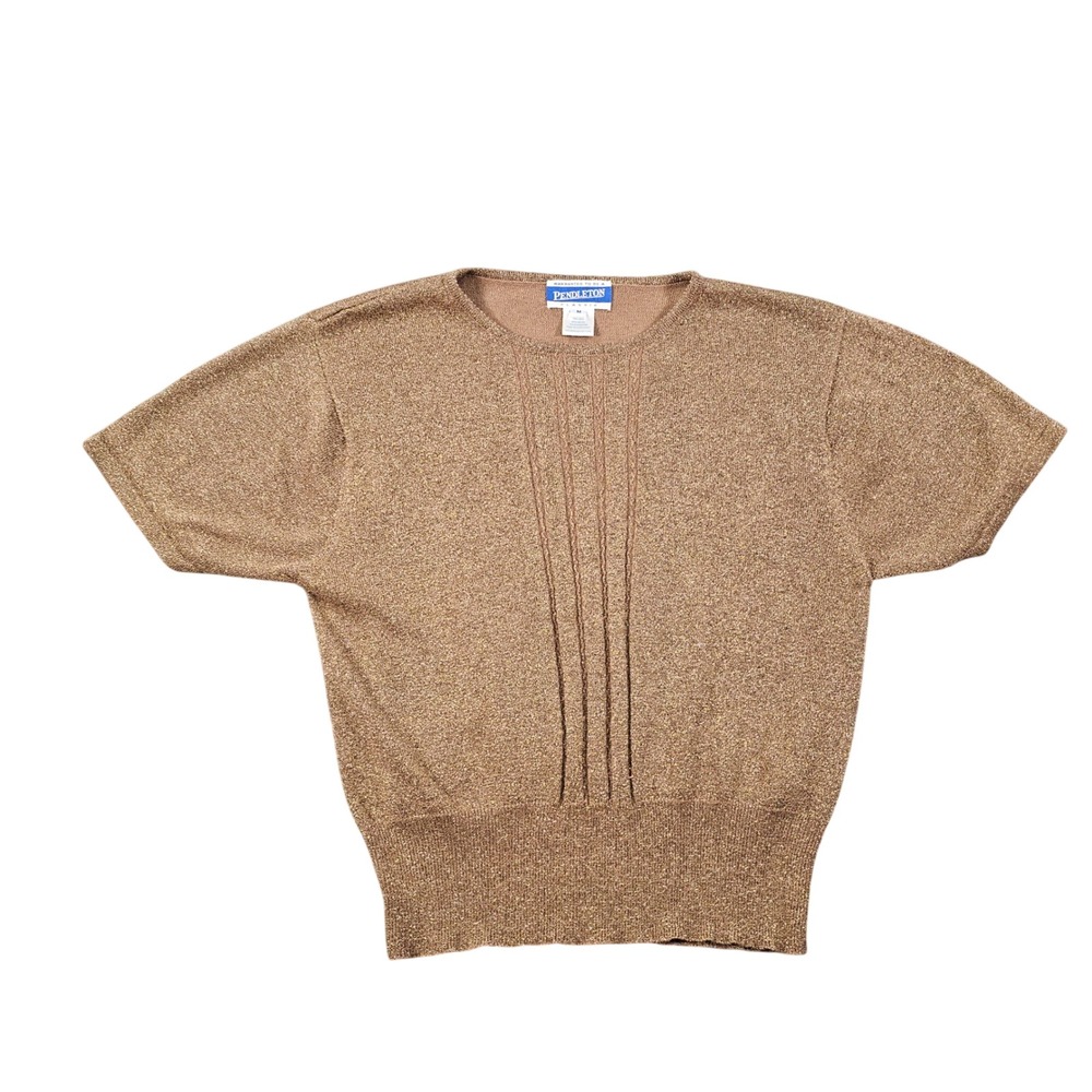 Vintage Pendleton Gold Metallic Pintuck Knit Top Women's Medium Short Sleeve